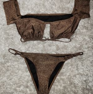 2️⃣ for $25 Fashion Nova Brown Shimmer Bikini Swim Suit Top and Bottom